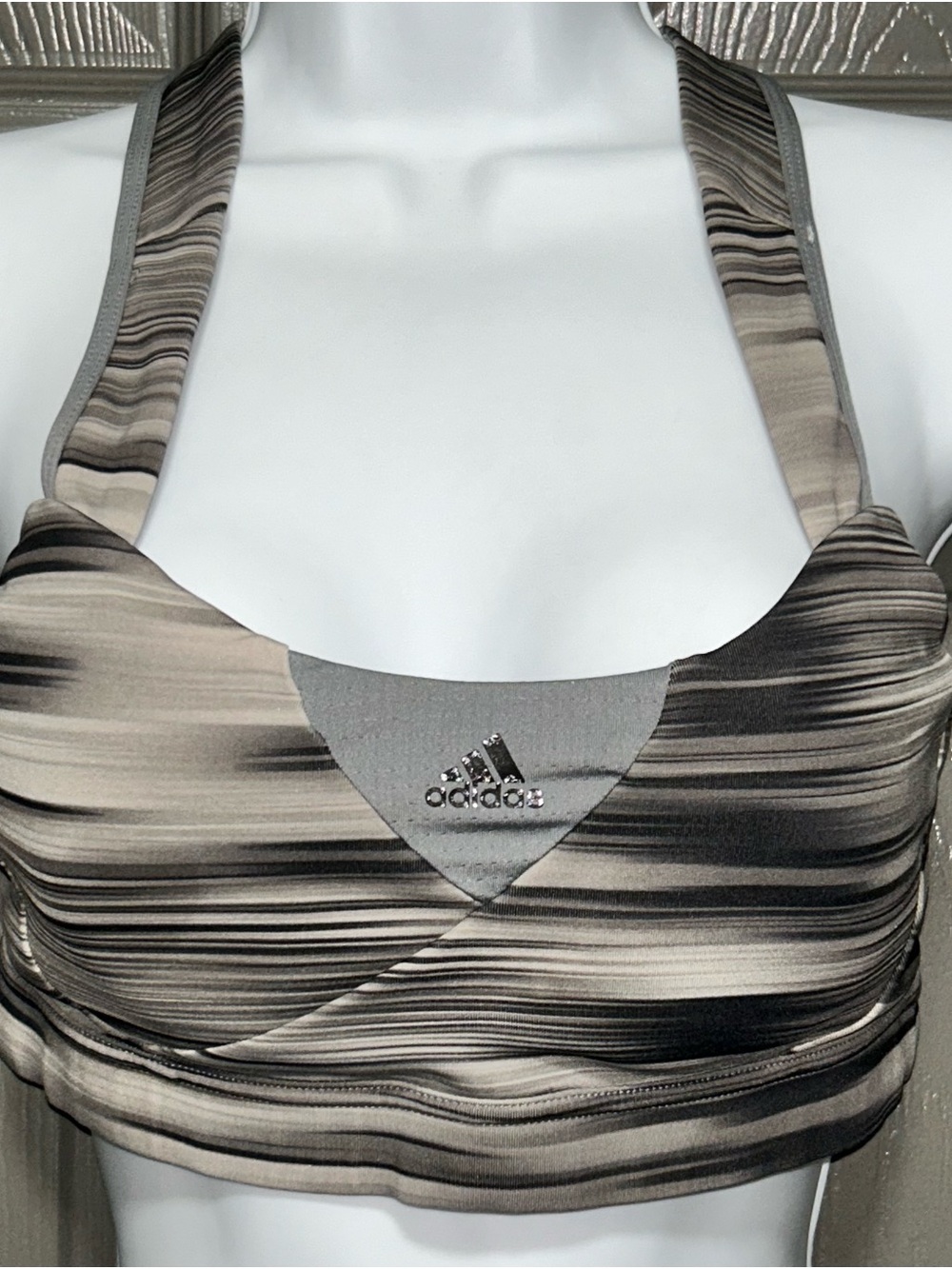 adidas Striped Grey & Black Halter Sport Bra